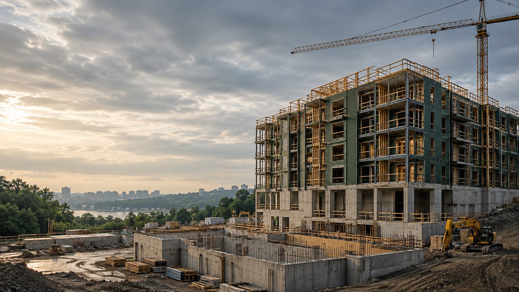 Illustrative view of a multifamily construction site at sunset